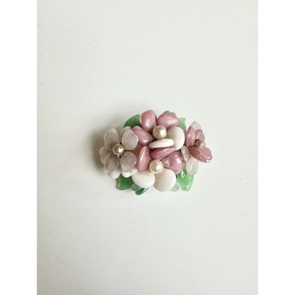 RARE VTG 50s MCM West Germany Pastel Flowers Lucite Brooch Bouquet Cluster 1.75”